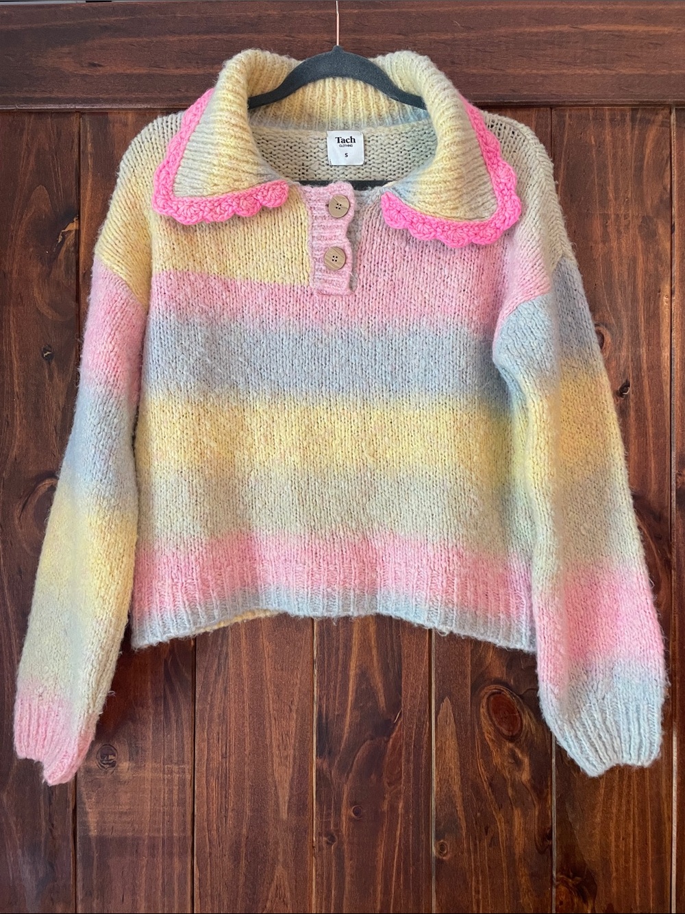 TACH Sheila Pastel Striped Cropped Sweater with Pink Scallop Collar